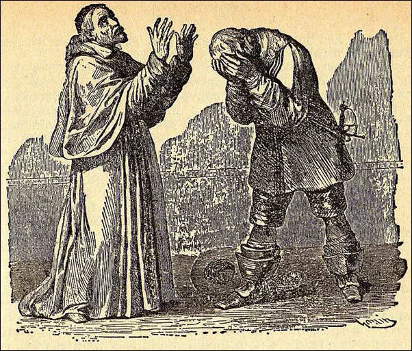 Ilustración de la novela Los novios; atención a la espada ropera que ciñe el bravo.