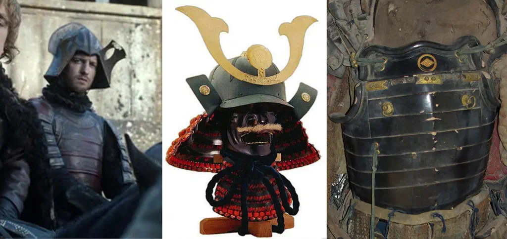 Izquierda: fotograma de la serie; centro: kabuto japonés; derecha: dou (armadura pectoral)