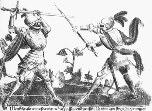 Lámina del manual de esgrima aleman del s. XV Gladiatoria, que ilustra el agarre de media espada