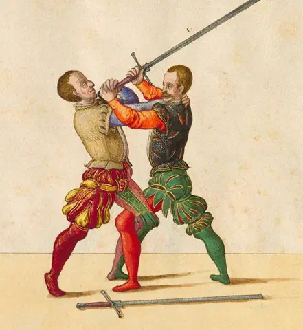 Lámina del manual de esgrima alemán del s.XVI de Paulus Hector Mair, que muestra una acción de combate cerrado o juego corto.