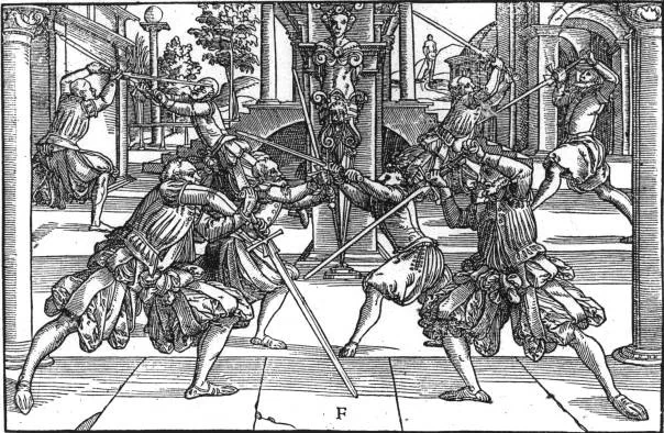 Lámina del manual alemán de esgrima del s. XVI de Joachim Meyer.